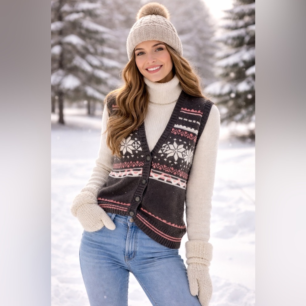 LESLIE FAY Women’s Vintage Gray Fair Isle Gray Snowflake Sweater Vest